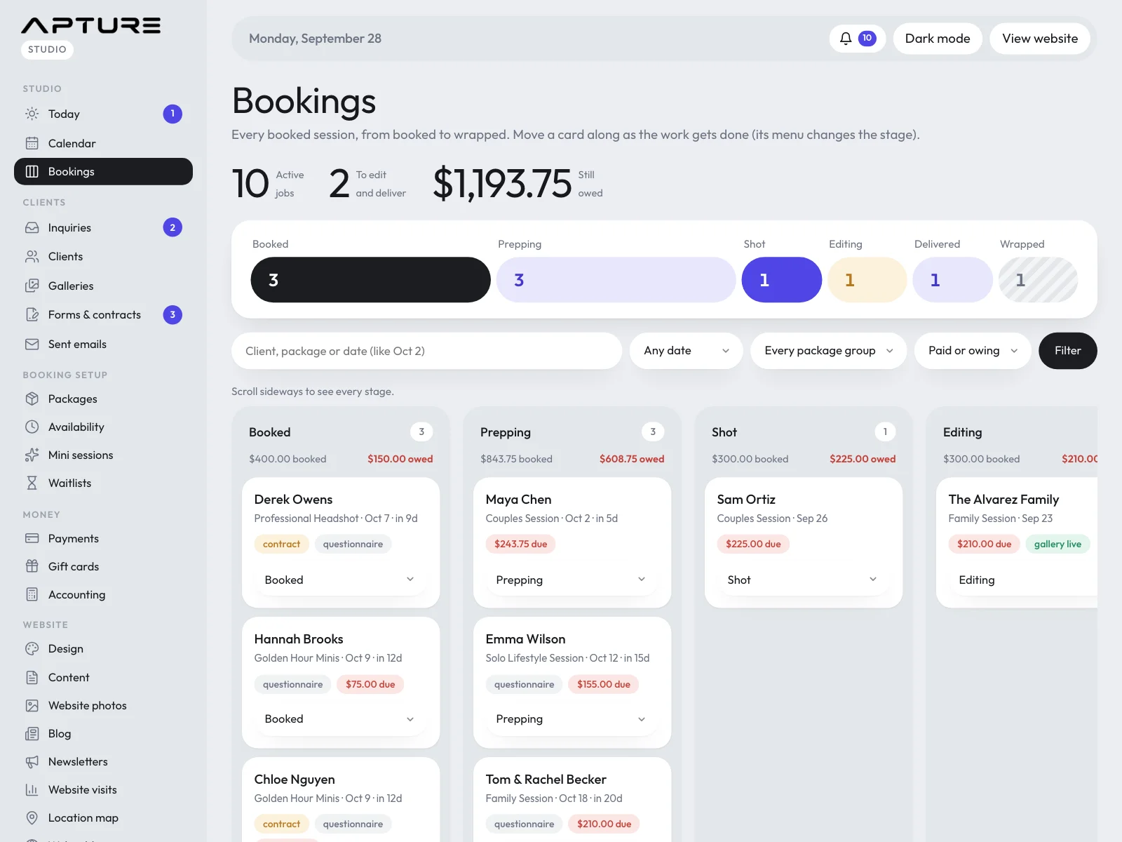 Every booking by stage, from booked to delivered